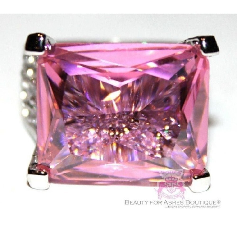 Rectangle Pink Tourmaline Ice Cz Chunky Cubic Zirconia Glam Cocktail Ring Size 6